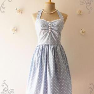 Pale Blue Dress Tea Length Dress Classic Polka Dot..