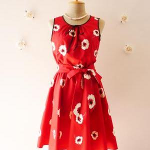 Red Floral Dress Tea Dress Vintage Inspired Dress..