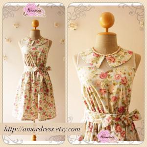 Peter Pan Collar Dress Blue With Pink Coral Floral..