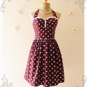 Wine Dress Purple Tea Dress Classic Polka Dot..