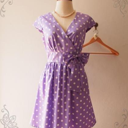 Tie Neck Short Sleeve Purple Polka Dot Dress