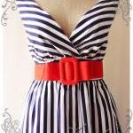 Summer Dress Tea Dress Navy White Stripe Dress..