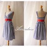 Summer Dress Tea Dress Navy White Stripe Dress..