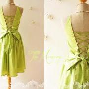 Vintage Inspired Dress in Bright Lime Green Back Corset Dot Green Dress Tea Party Bridesmaid Beautiful Day Dress - The Memory -Size S-M-