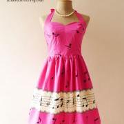 Music Lover Dress Music Dress Hot Pink Retro Party Cocktail Bridesmaid Choir Birthday Concert Event Every Day Dress -Size XS,S,M,L,XL-