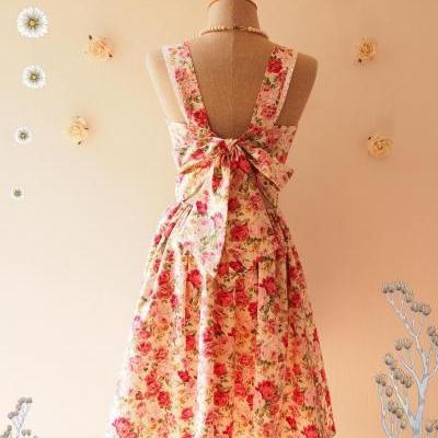 Fairy Wings Floral Summer Dress Vintage Inspired Backless Bow Dress Floral Bridesmaid Dress Cream Pink Floral Party Dress- Size XS-XL