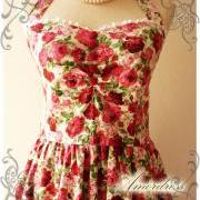 Floral Dress Rose Dress Summer Party Once Upon A Time Vintage Inspired Halter Neck Cerise Pink Red Rose w/ Little White Lace Dress -Size S-