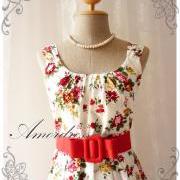 Blooming - Exotic Floral Dress White Dress with Red Floral Summer Perfection Tea Dress Party Garden Wedding Cocktail Dress -S-M-