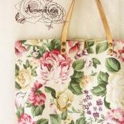 Floral Tote Bag Printed Canvas Bag Genuine Leather Strap White Cream with Floral Garden Shabby Chic Bag ...Amor The Inspired Collection...