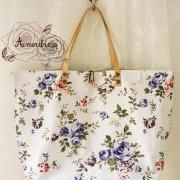 Floral Tote Bag Printed Canvas Bag Genuine Leather Strap White Blue Rose Floral Garden Shabby Chic Bag ...Amor The Inspired Collection...