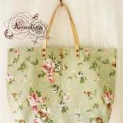 Floral Tote Bag Printed Canvas Bag Genuine Leather Strap Green with Pink Rose Shabby Chic Bag ...Amor The Inspired Collection...