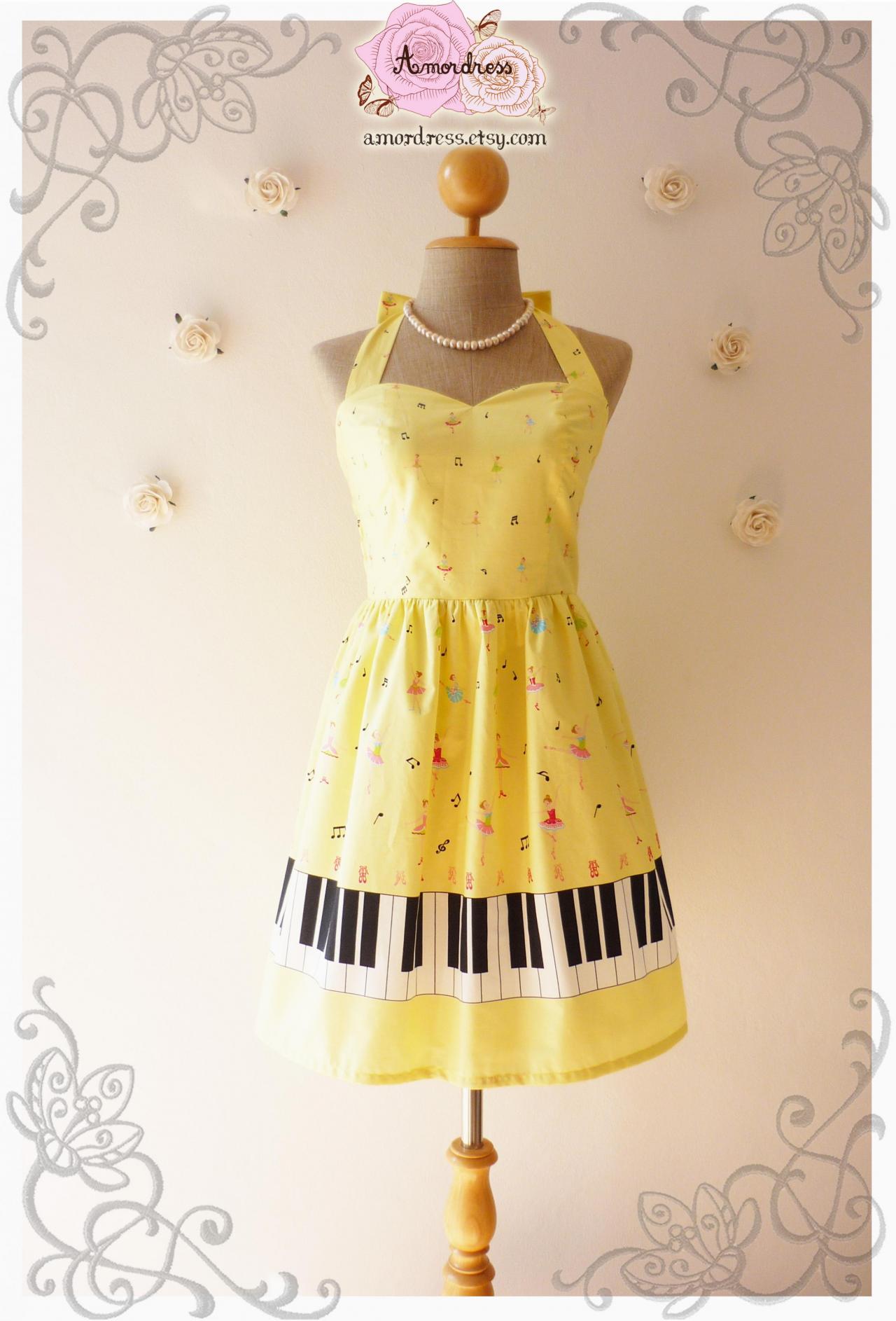 Music Lover Yellow Dress Piano Dress Retro Party Bridesmaid Dress Choir Birthday Concert Dress -size Xs,s,m,l,custom-