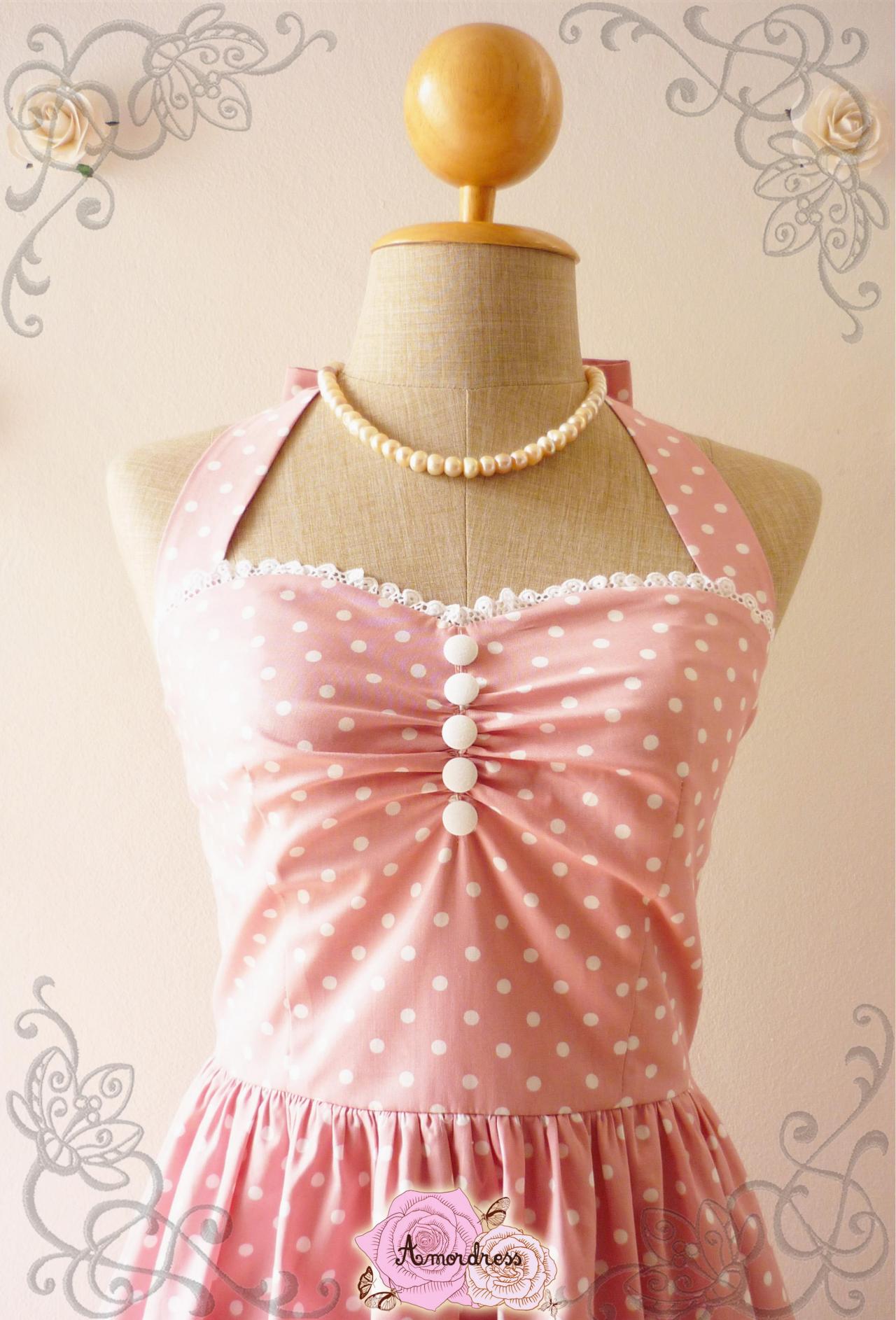 Cute Pale Pink Dress Tea Length Dress Classic Polka Dot Dress Bridesmaid Party Dress Once Upon A Time -size Xs, S, M, L, Xl-