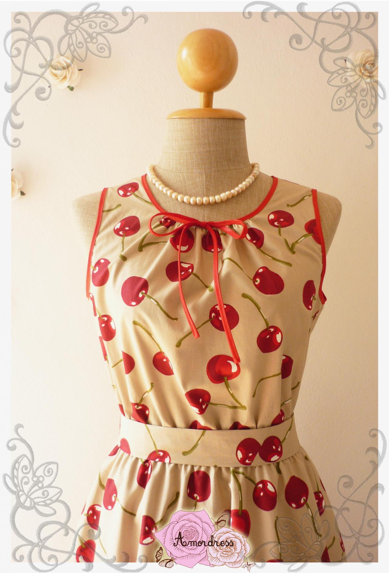 Cherry Tea Dress My Cherry Dress Brown Khaki With Red Cherry Tea Dress Vintage Inspired Dress Sleeveless Dress -size Xs,s,m,l,xl,-
