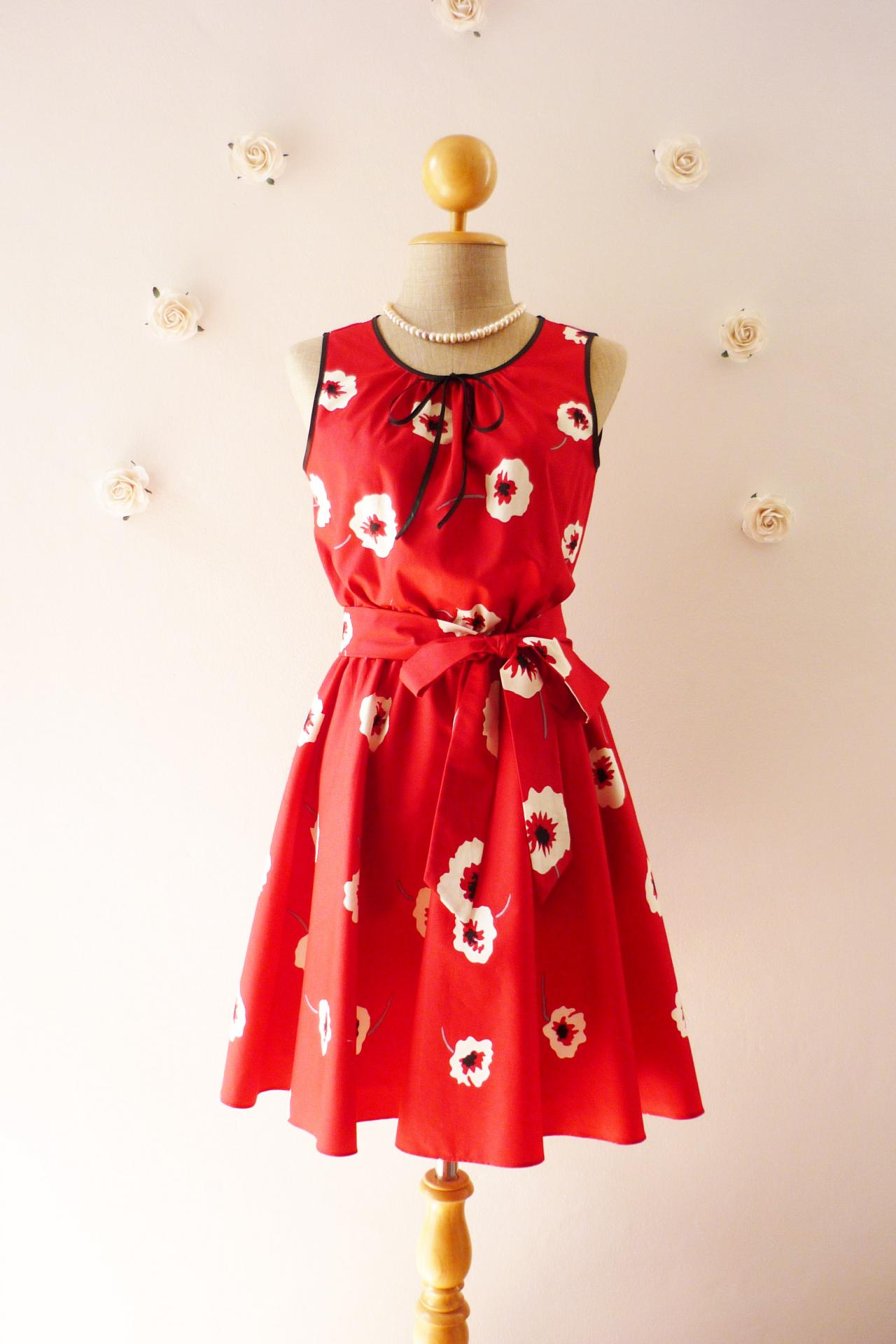 Red Floral Dress Tea Dress Vintage Inspired Dress Sleeveless Dress Bridesmaid Party Dress Christmas Dress -size Xs,s,m,l,xl