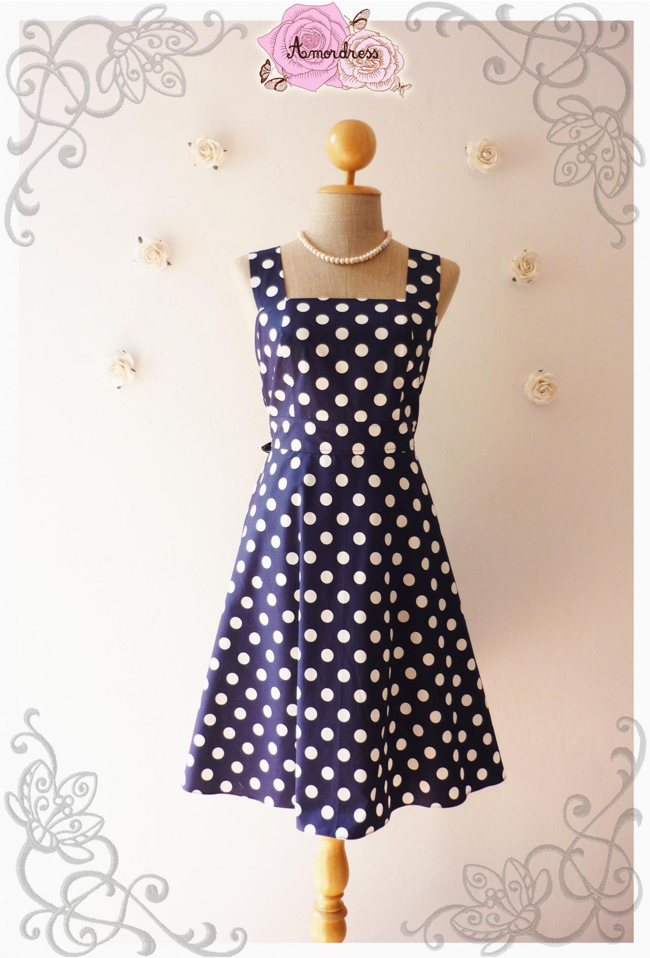Navy Dress Vintage Inspired Dress Vintage Style Bridesmaid Dress Party Polka Dot Retro Dress Navy Summer Dress-size Xs,s,m,l,xl
