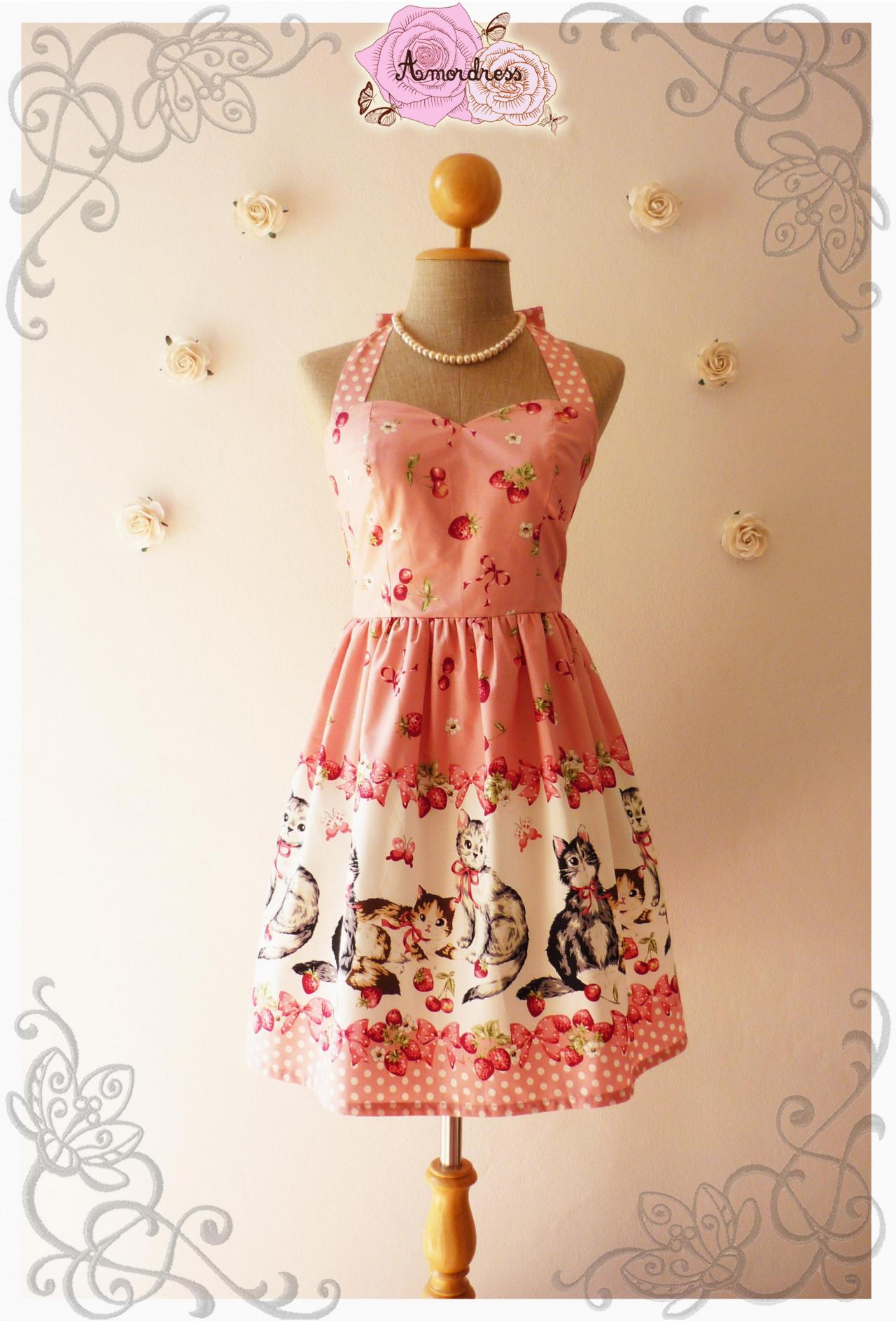 Vintage Inspired Dress Tea Dress Pretty Pink Kitten Dress The Cat Dress Cute Frock Party Dress -size Xs,s,m,l,xl,