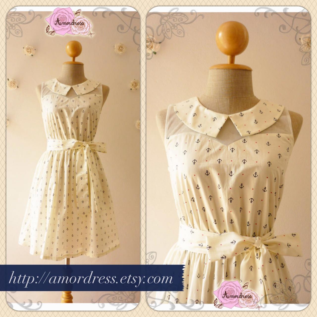 Summer Dress Peter Pan Collar Dress Off White Nautical Dress Illusion Dress Bridesmaid Dress Mod Dress -size S, M, L