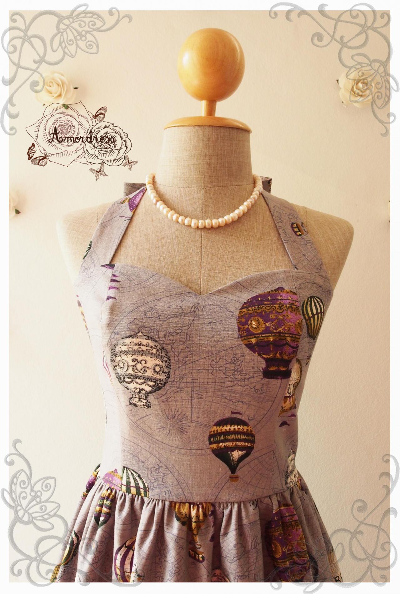 LOVE JOURNEY DRESS : Balloon world map dress whimsical sundress vintage inspired dress summer dress party dress grayish purple- xs-xl