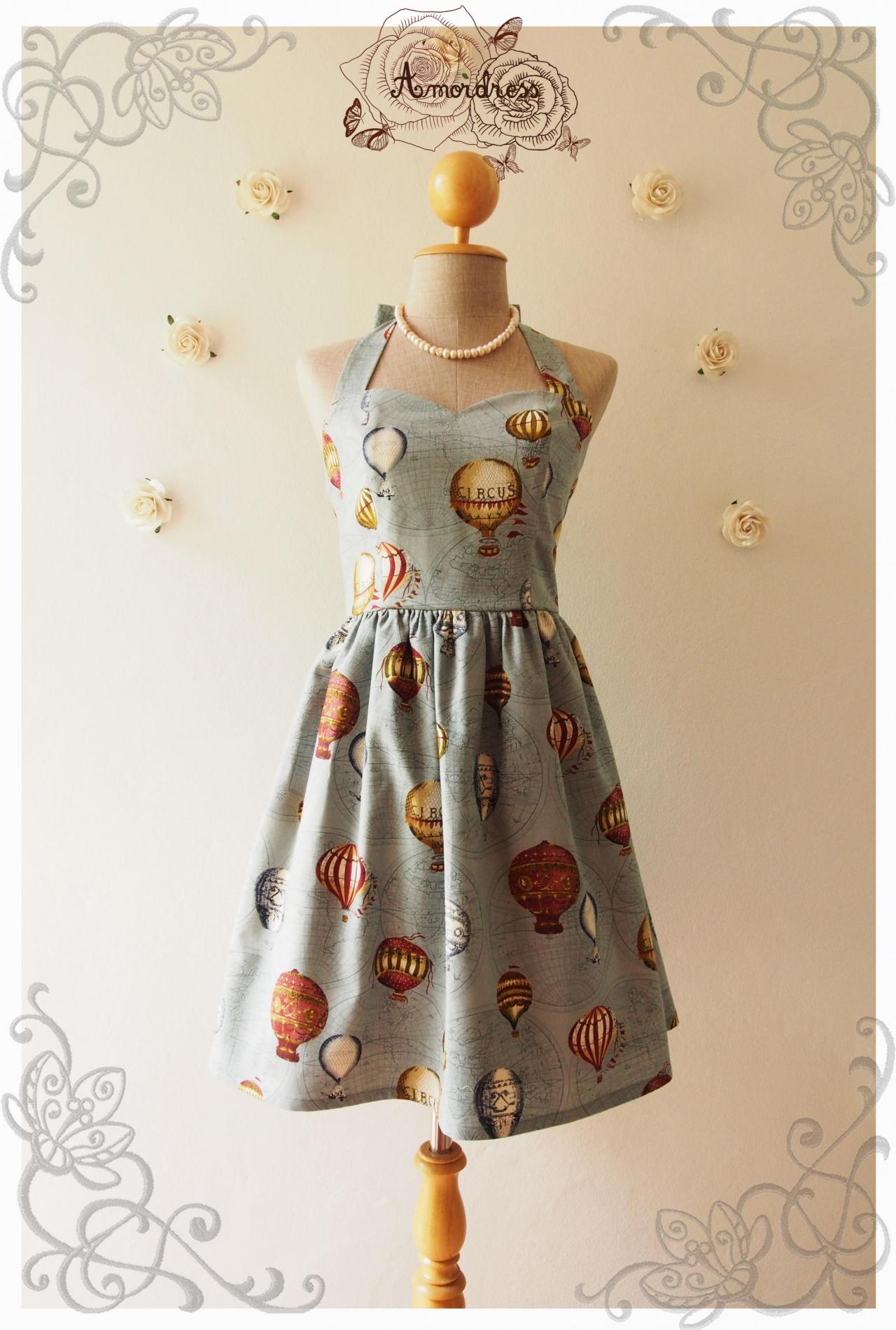 LOVE JOURNEY DRESS : Balloon world map dress whimsical sundress vintage inspired dress summer dress party dress rustic blue - xs-xl