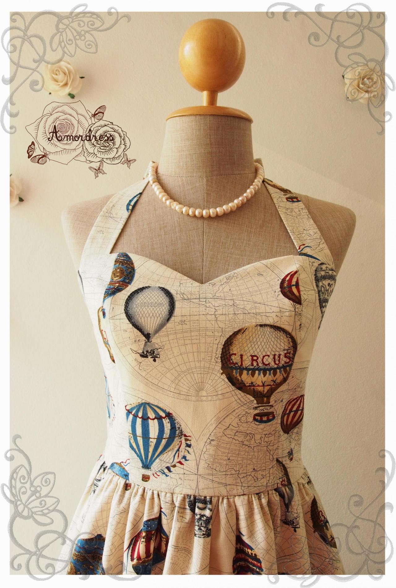 Love Journey Dress : Balloon World Map Dress Whimsical Sundress Vintage Inspired Dress Summer Dress Party Dress Cream Khaki - Xs-xl