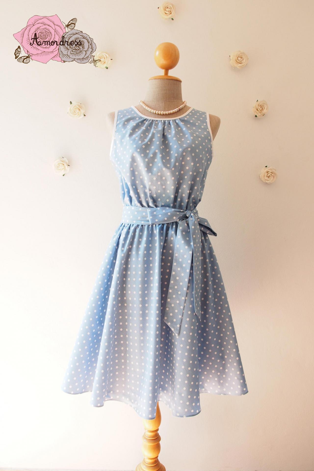 Baby Blue Dress Polka Dot Swing Dress Vintage Retro 50's Inspired Tea Dress Blue Bridesmaid Dress Party Dress Dancing Dress -xs-xl