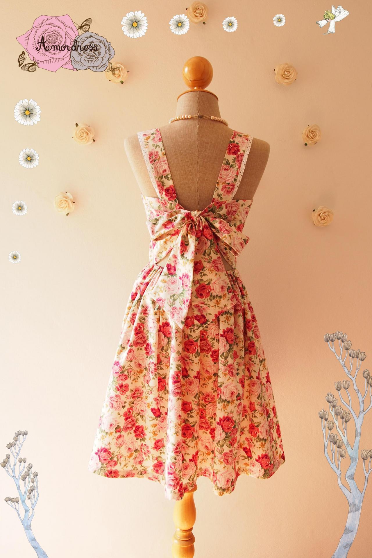 Fairy Wings Floral Summer Dress Vintage Inspired Backless Bow Dress Floral Bridesmaid Dress Cream Pink Floral Party Dress- Size Xs-xl