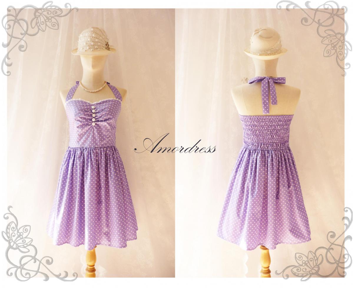 Purple Party Dress Vintage Inspired Party Tea Dress Bridesmaid Holiday Polka Dot Unique Handmade Dress SIZE S