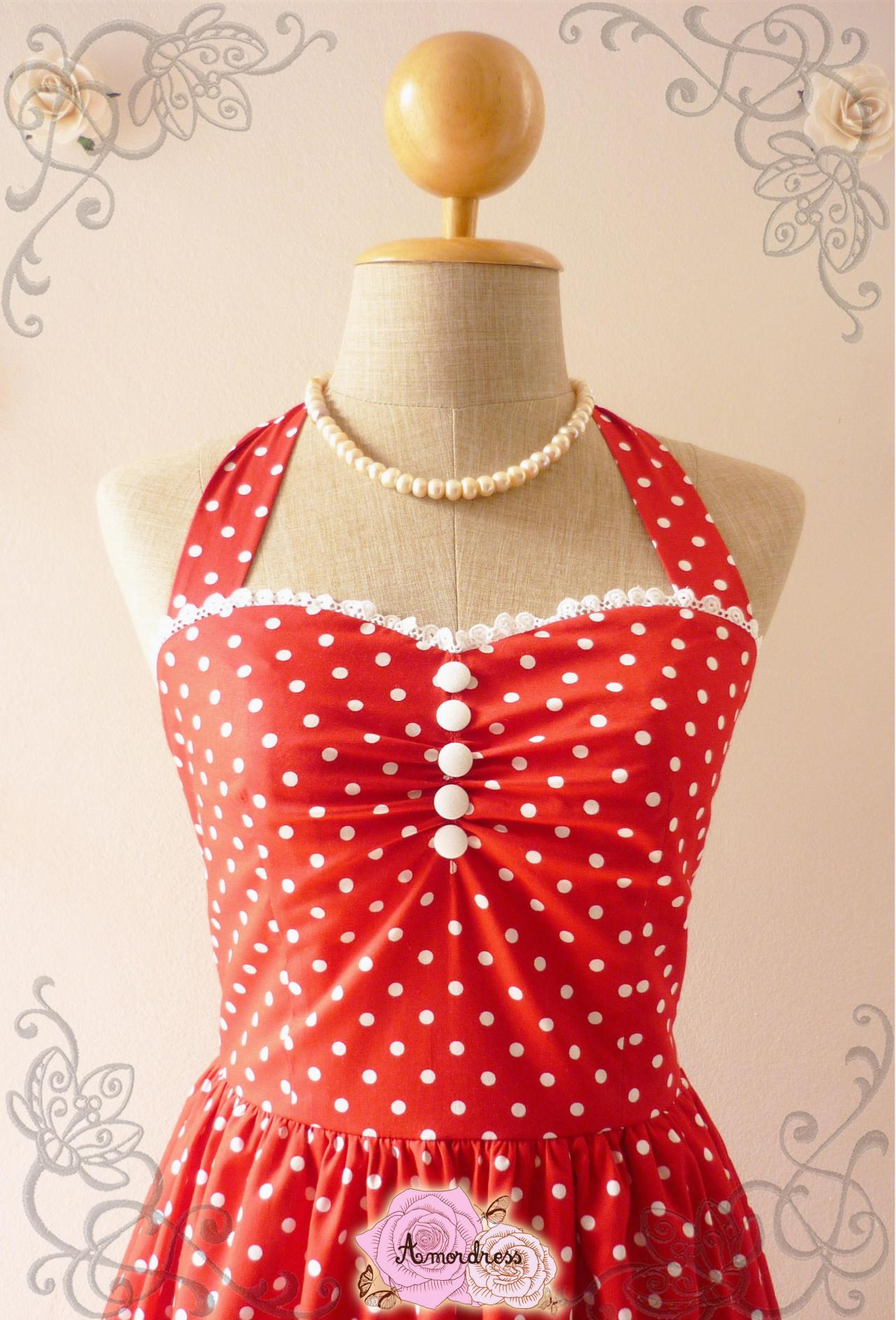 Red Polka Dot Party Dress Vintage Inspired Party Tea Dress Bridesmaid Holiday Polka Dot Unique Handmade Dress -size Xs, S, M, L, Xl