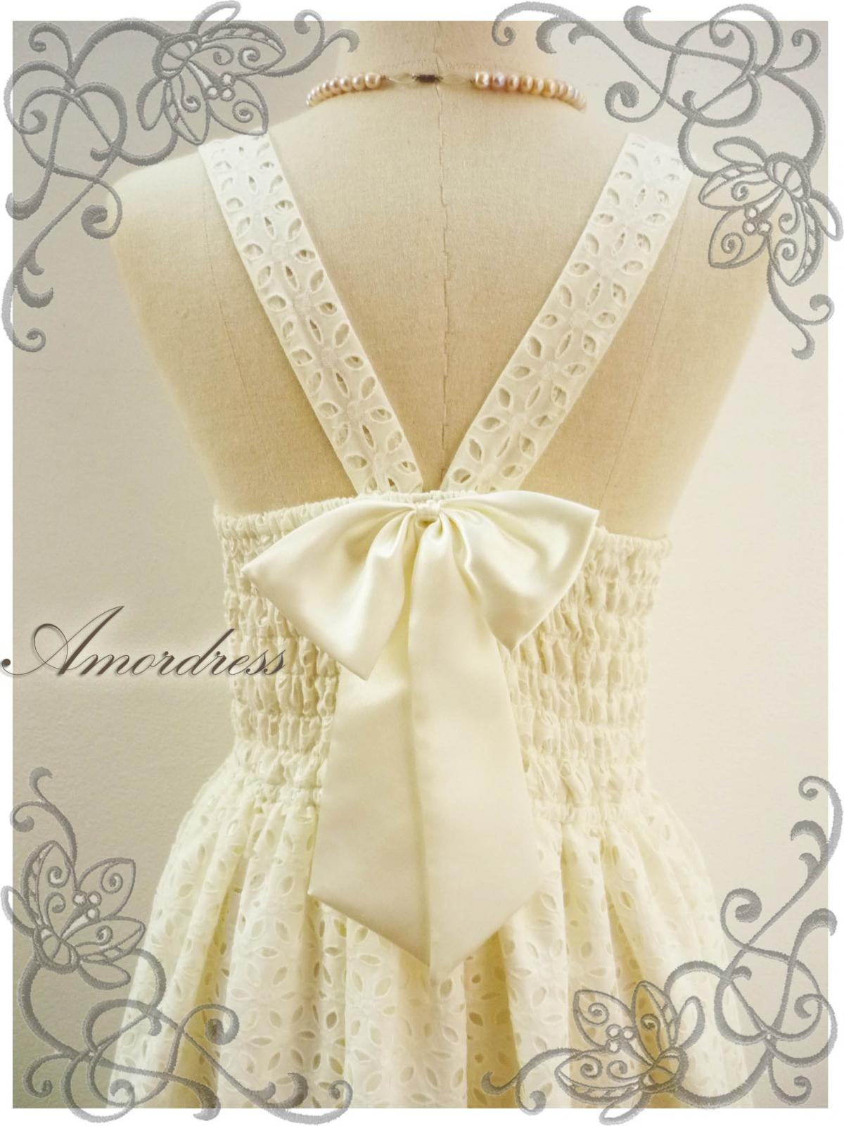 Lace Dress White Cream Sweetest Spell Party Reception Prom Party Bridesmaid Vintage Inspired Back Bow V Halter Pleated Skirt -Size S-M
