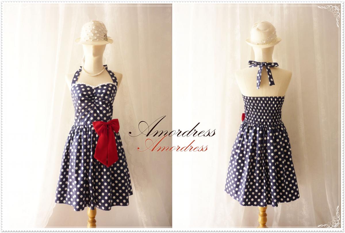 Navy With White Dot Party Dress // Cocktail // Birthday // Anniversary // Homecoming // Cheerful Every Day Party Dress...once Upon A Time