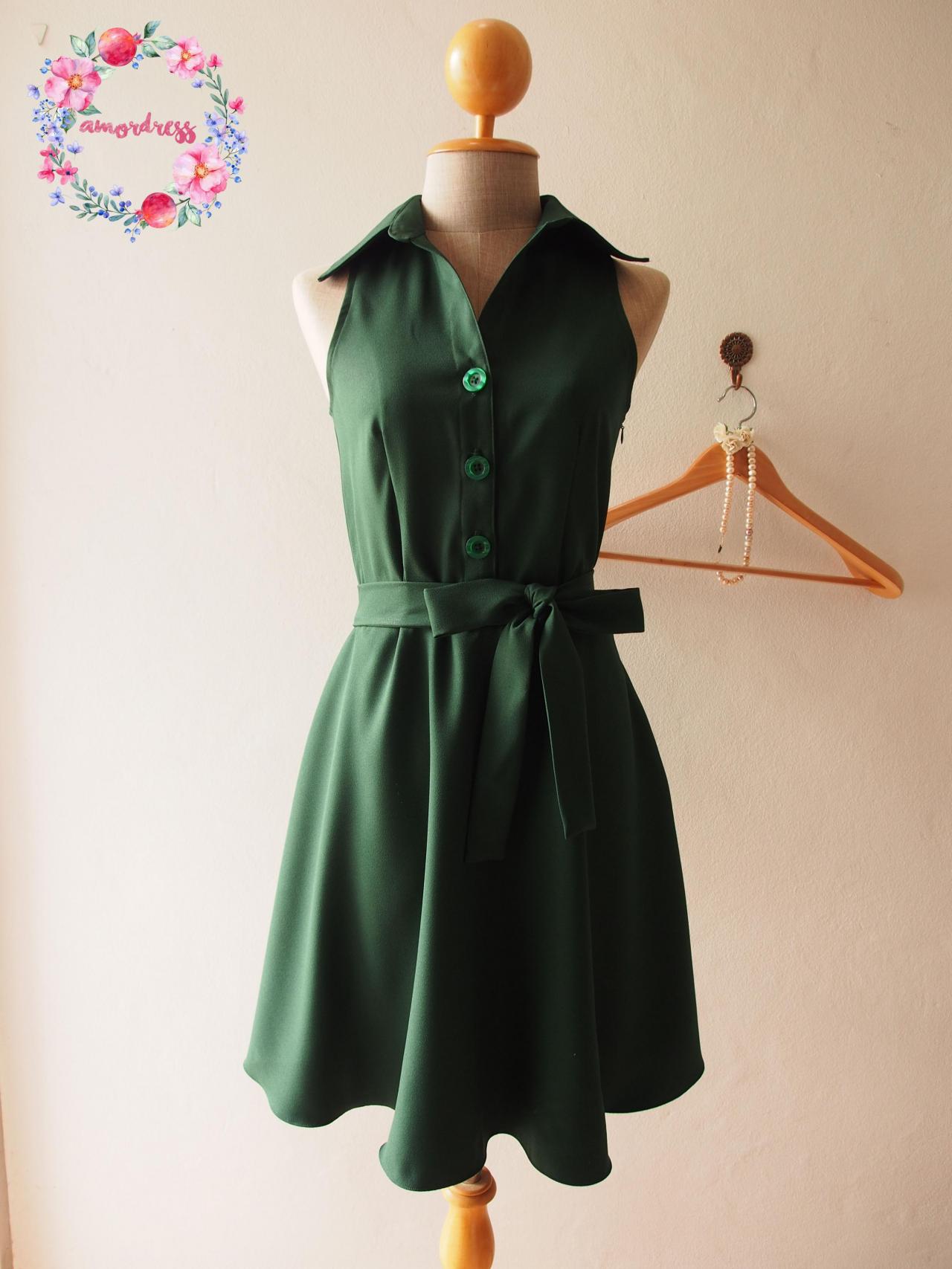 Skater Dress, Forest Green Dress, Green Shirt Dress, Green Summer Dress, Midi Dress, Green Sundress, Vintage Inspired Dress, - DOWNTOWN - XS-XL, Custom