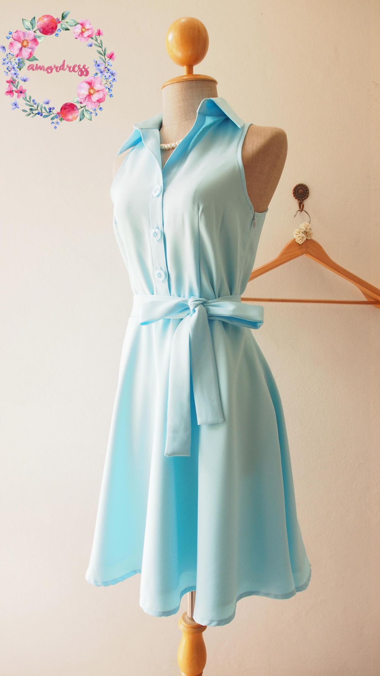 Baby Blue Dress, Blue Summer Dress, BLue Shirt Dress, Skater Dress, Blue Midi Dress, Blue Sundress, Vintage Inspired Dress, - DOWNTOWN - XS-XL, Custom