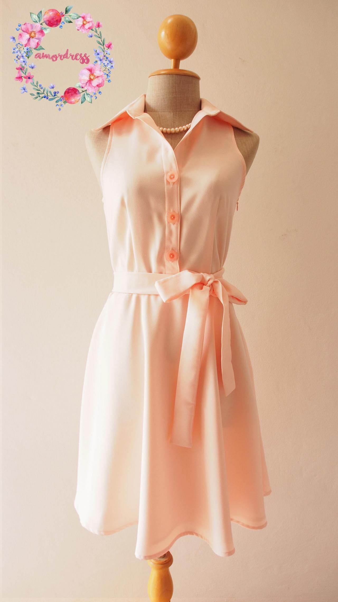 Light Peach Bridesmaid Dress, Peach Summer Dress, Peach Shirt Dress, Skater Dress, Midi Dress, Vintage Sundress, Vintage Inspired Dress, -