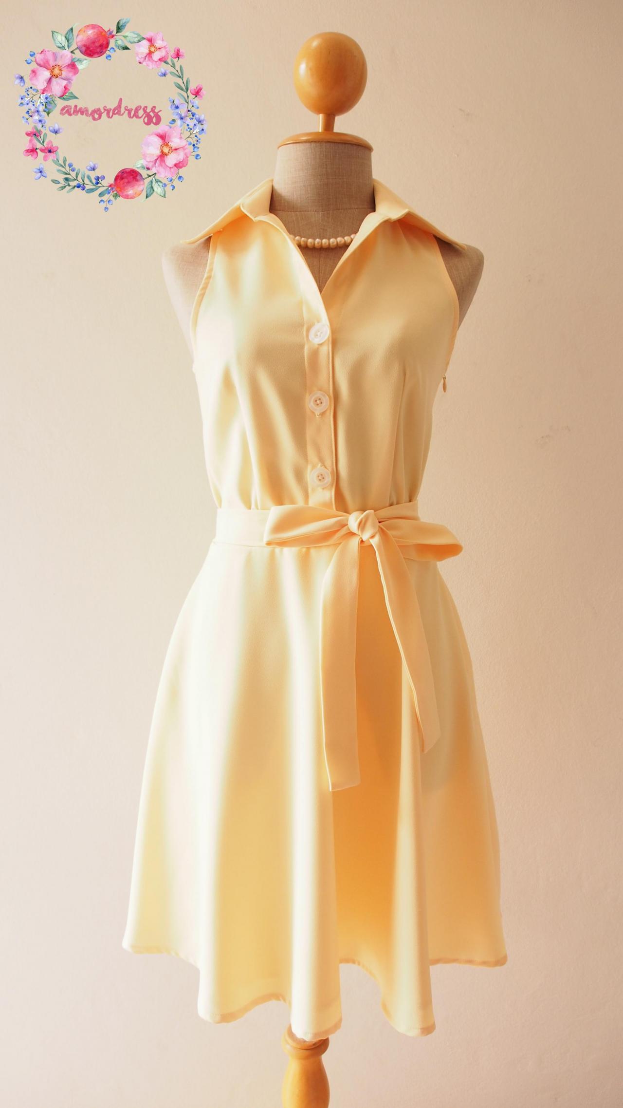 Pastel Yellow Dress,yellow Bridesmaid Dress, Yellow Summer Dress, Yellow Skater Dress, Shirt Dress, Formal Dress, Midi Dress, Vintage Sundress,