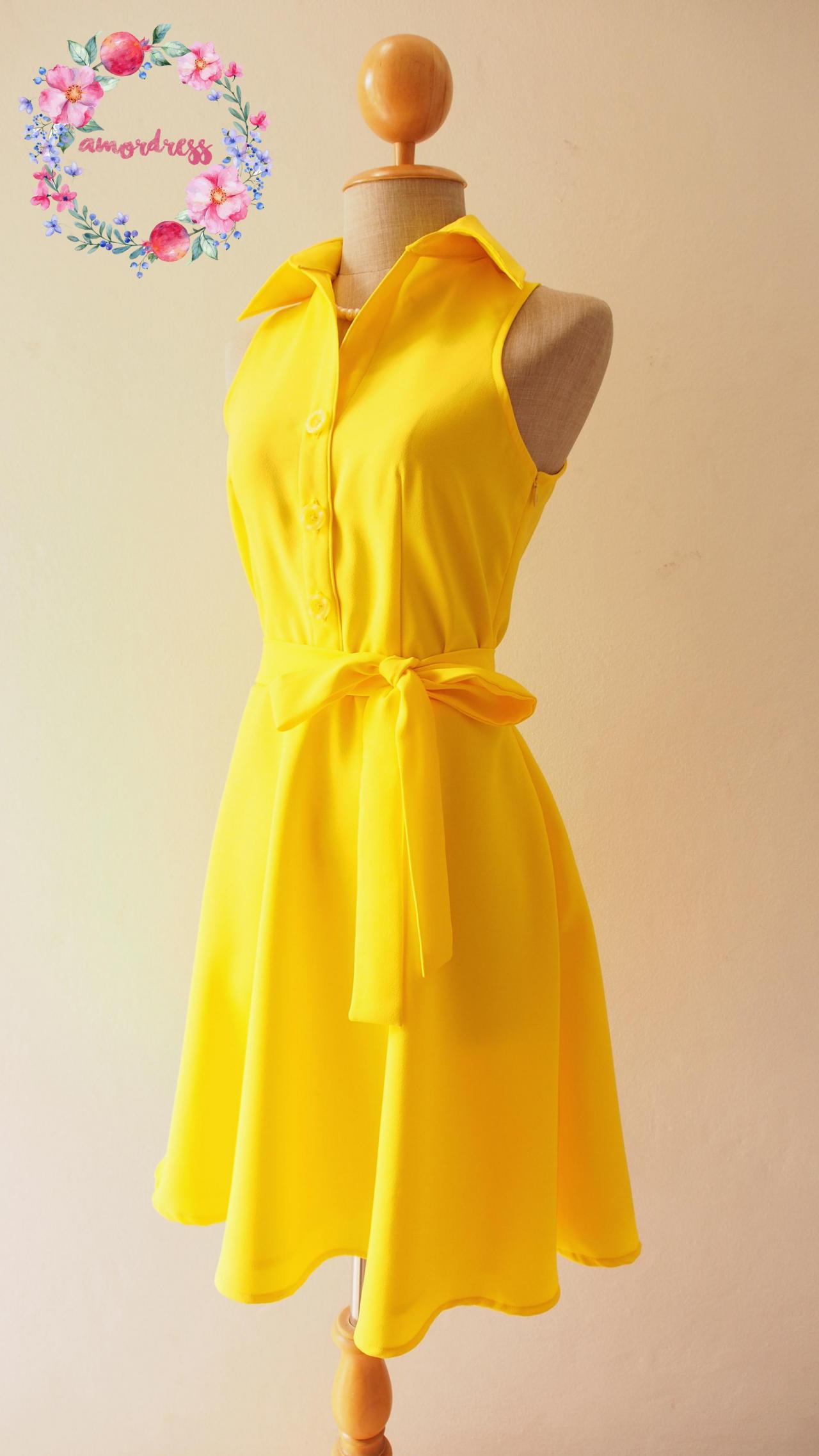 Yellow Bridesmaid Dress, Bright Sunshine Yellow Dress,yellow Summer Dress, Yellow Skater Dress, Shirt Dress, Formal Dress, Midi Dress, Vintage