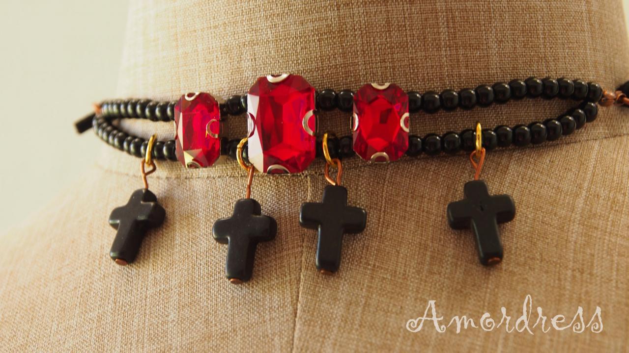 Choker Necklace, Cross Choker Necklace, Red Crystal Necklace