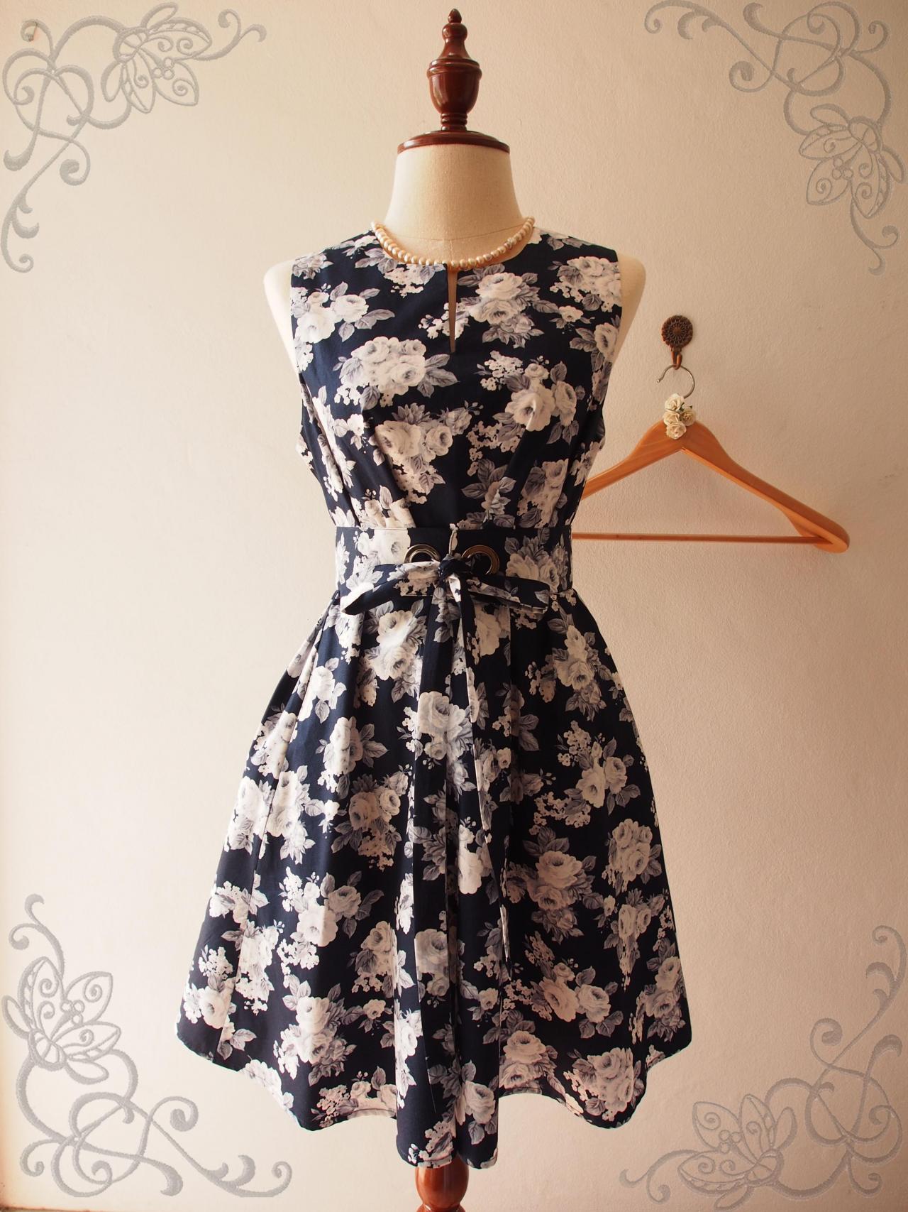 Navy Floral Dress Floral Bridesmaid Dress Maternity Dress Pocket Dress Navy Summer Dress Sundress - ONE FINE DAY - XS-XL