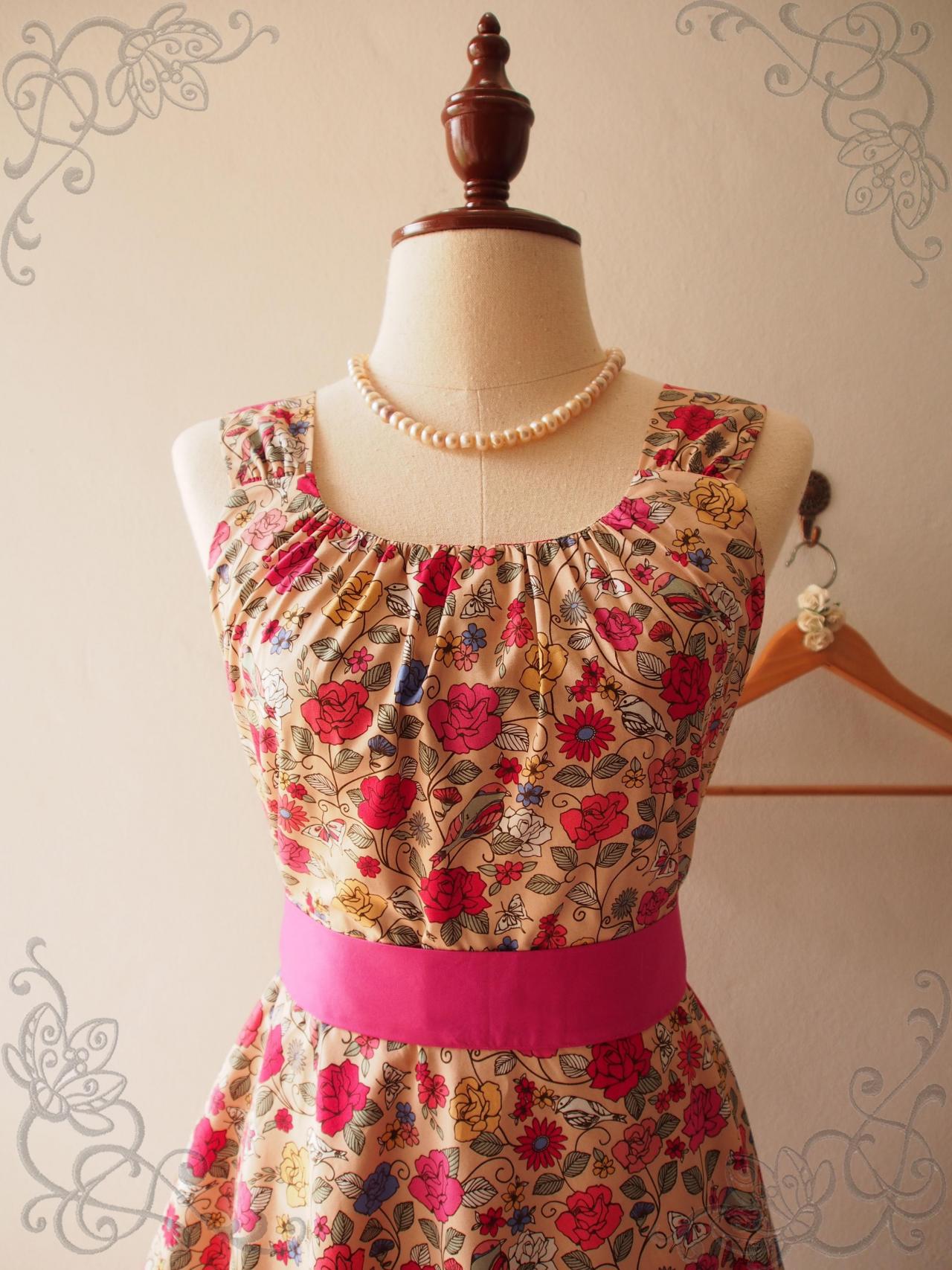 Floral Dress, Brown Floral Skater Dress, Swing Skirt Dress Floral Bridesmaid Dress Vintage Inspired Tea Party Dress , Alice In Wonderland Dress-