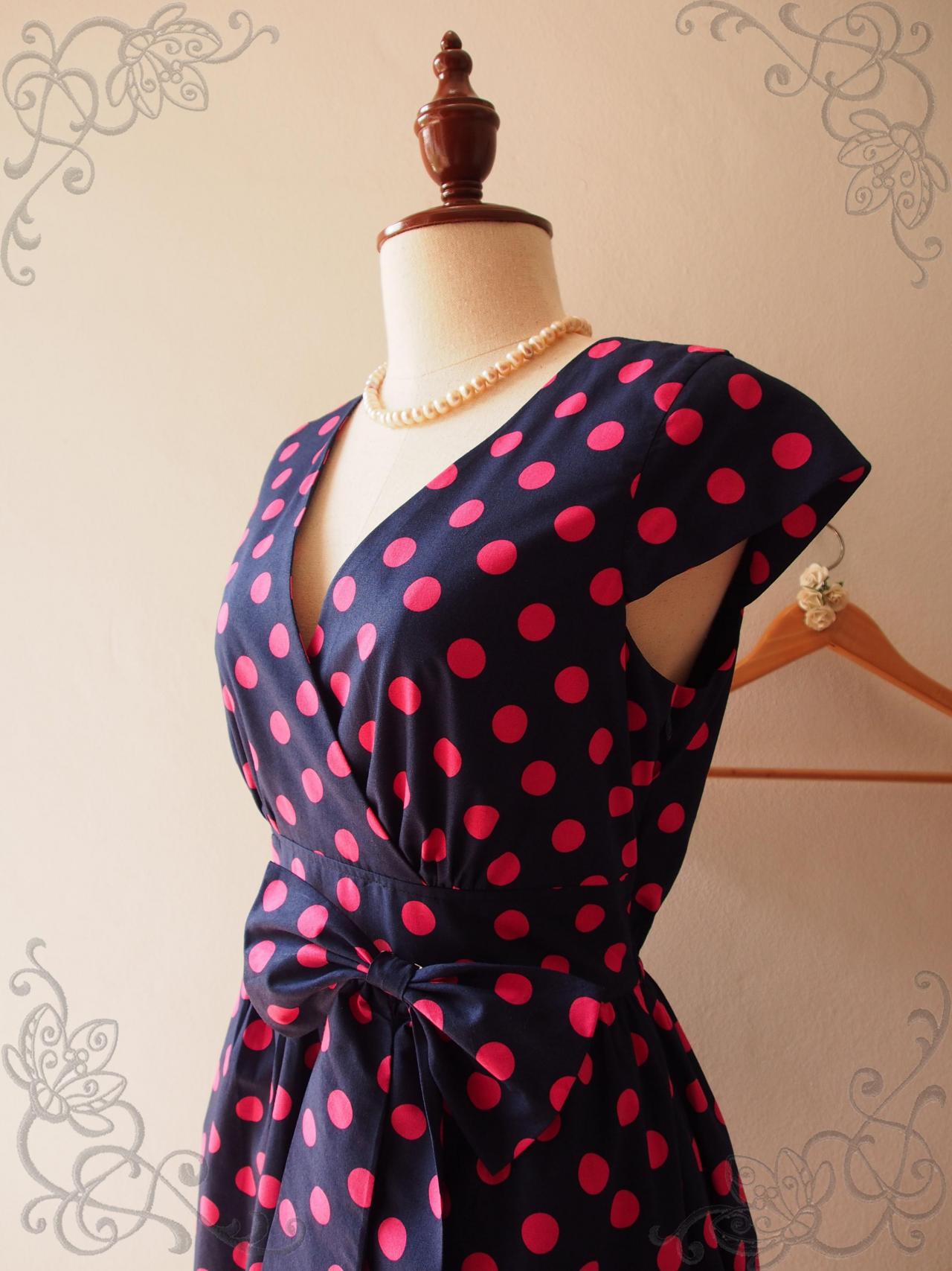 Summer Dress Navy With Pink Polka Dot Dress Bridesmaid Graduation Navy Retro Dress Rockabilly Dress Sleeve Dress Navy Midi Dress Xs-xl