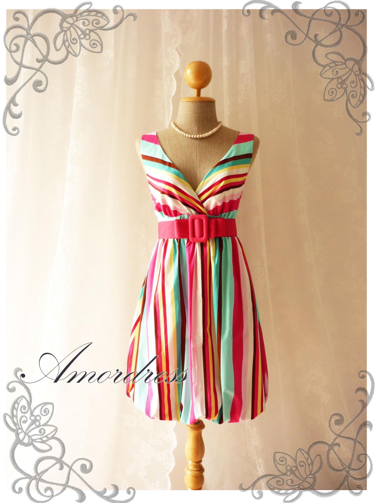 Rainbow Bright- Colorful Summer Dress Stripe Dress Party Popping Tea Dress Party Event Everyday Dress Pumpkin Hem -s-m-