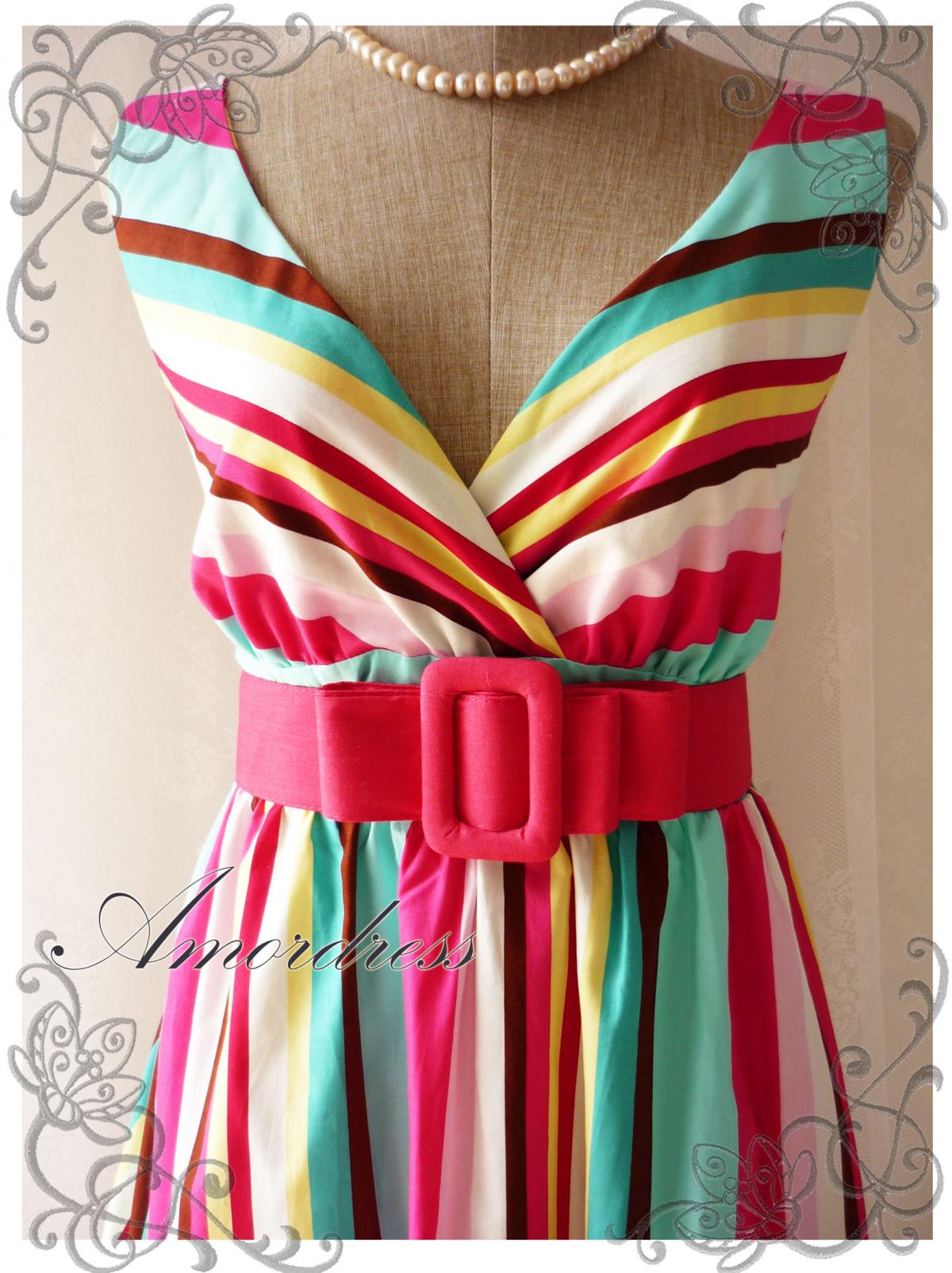 Rainbow Bright- Colorful Summer Dress Stripe Dress Party Popping Tea ...