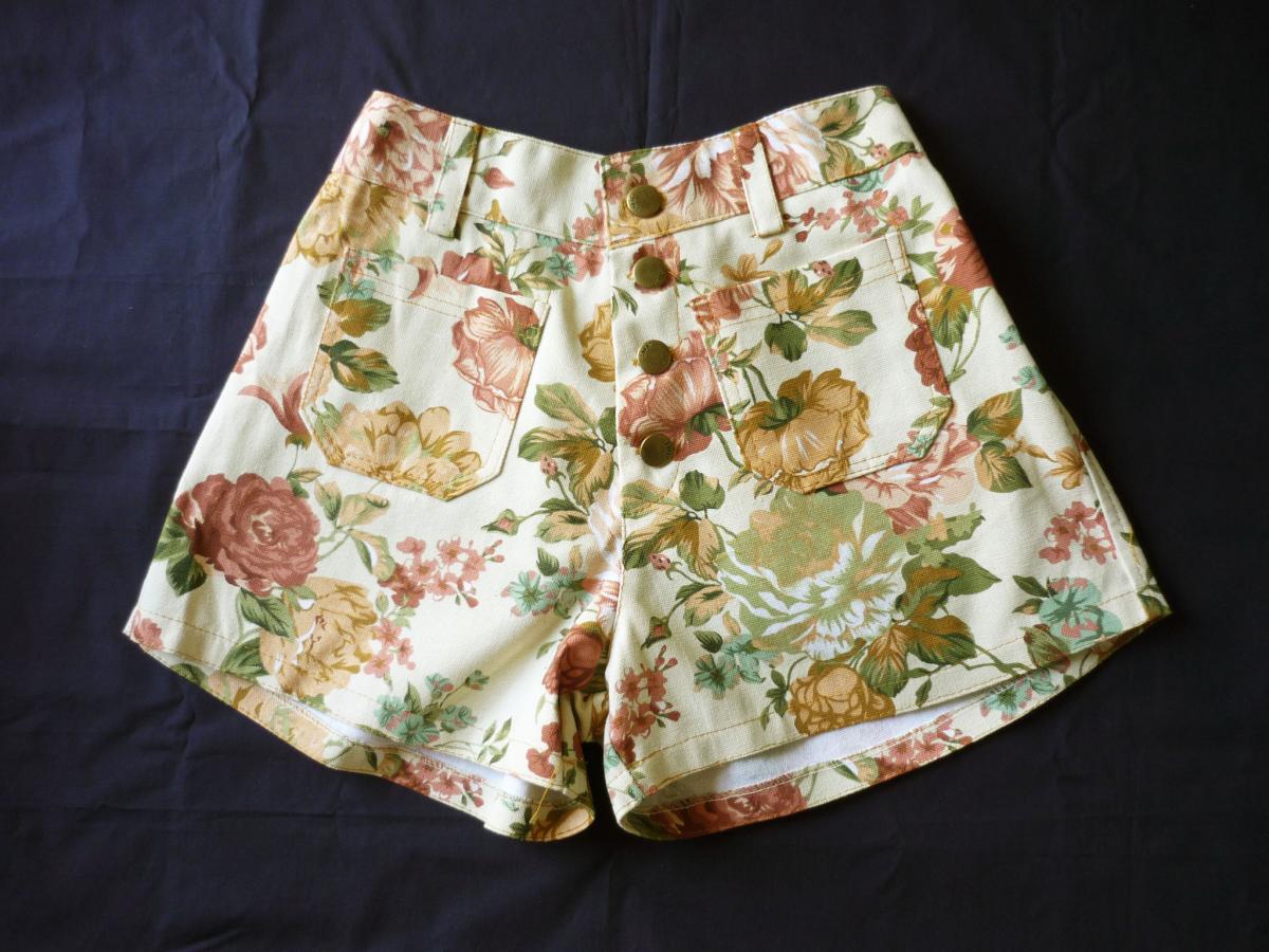 High Waist Shorts Floral Shorts Cream Brown with Brown Nude Brown Pink Floral Inspired Shabby Chic Shorts - -Size S-M- 12'SHORT LENGTH