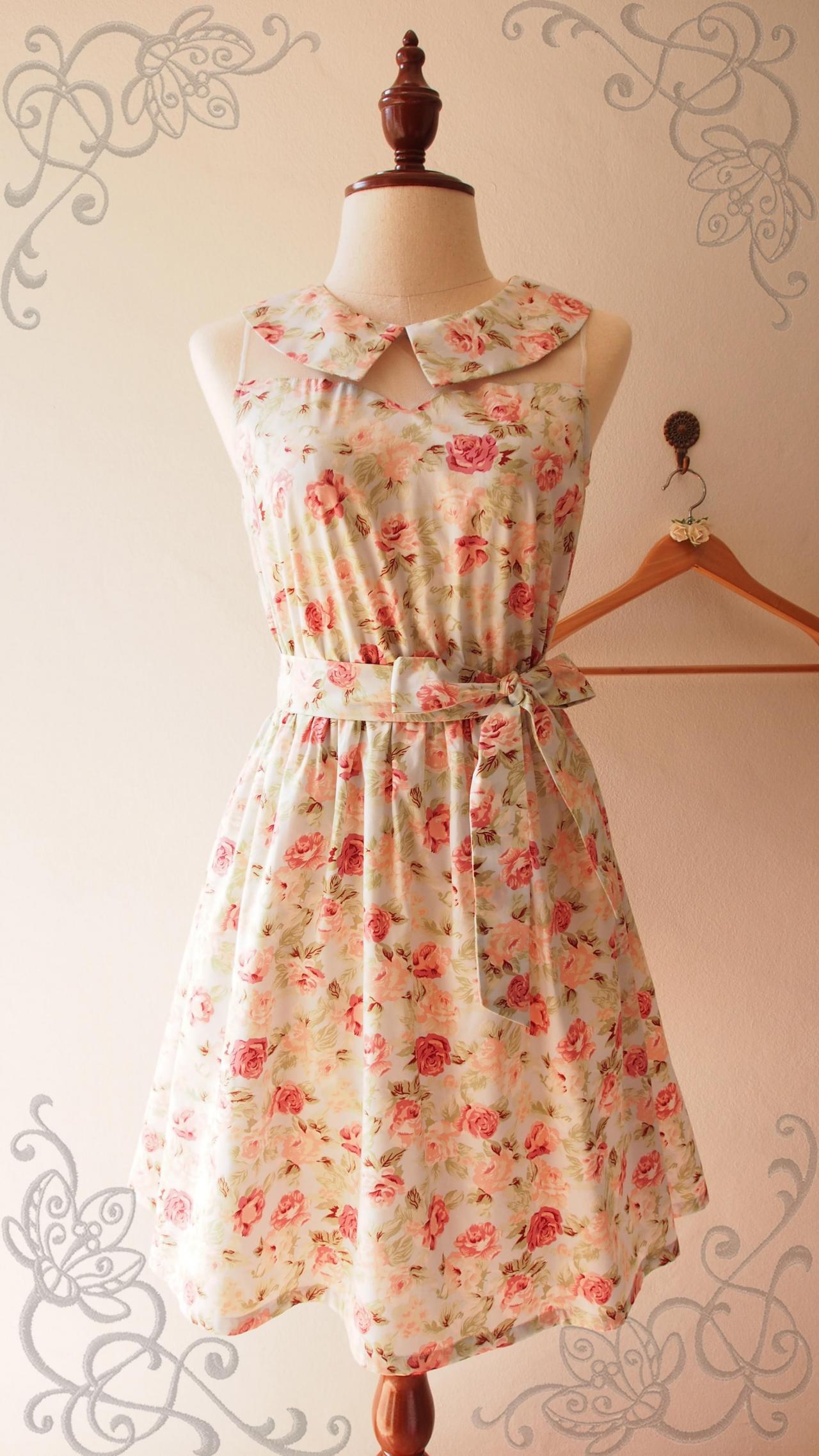 Collar Dress Blue With Coral Floral Vintage Inspired Rustic Wedding Bridesmaid Peter Pan Collar Tea Party Summer Midi Dress -xs-xl