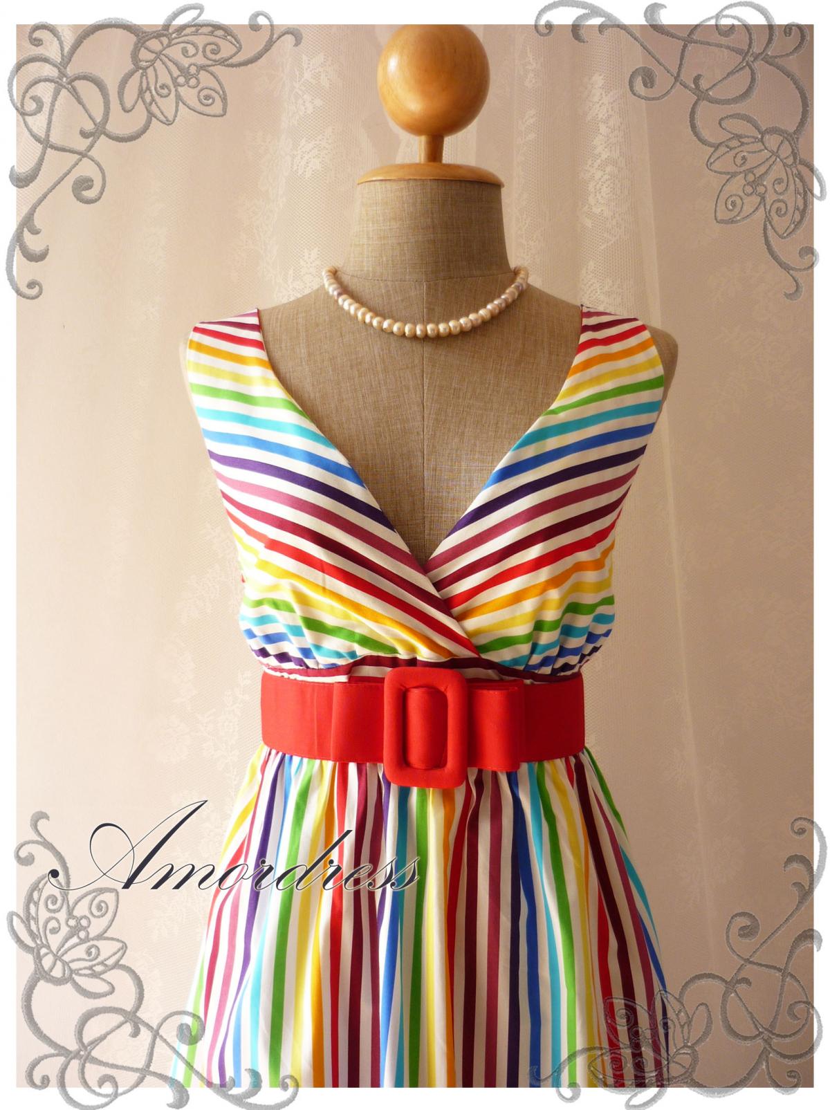 Rainbow Spectrum - Colorful Summer Dress Indigo Stripe Dress Party Popping Tea Dress Party Event Everyday Dress White Shade -s-m-