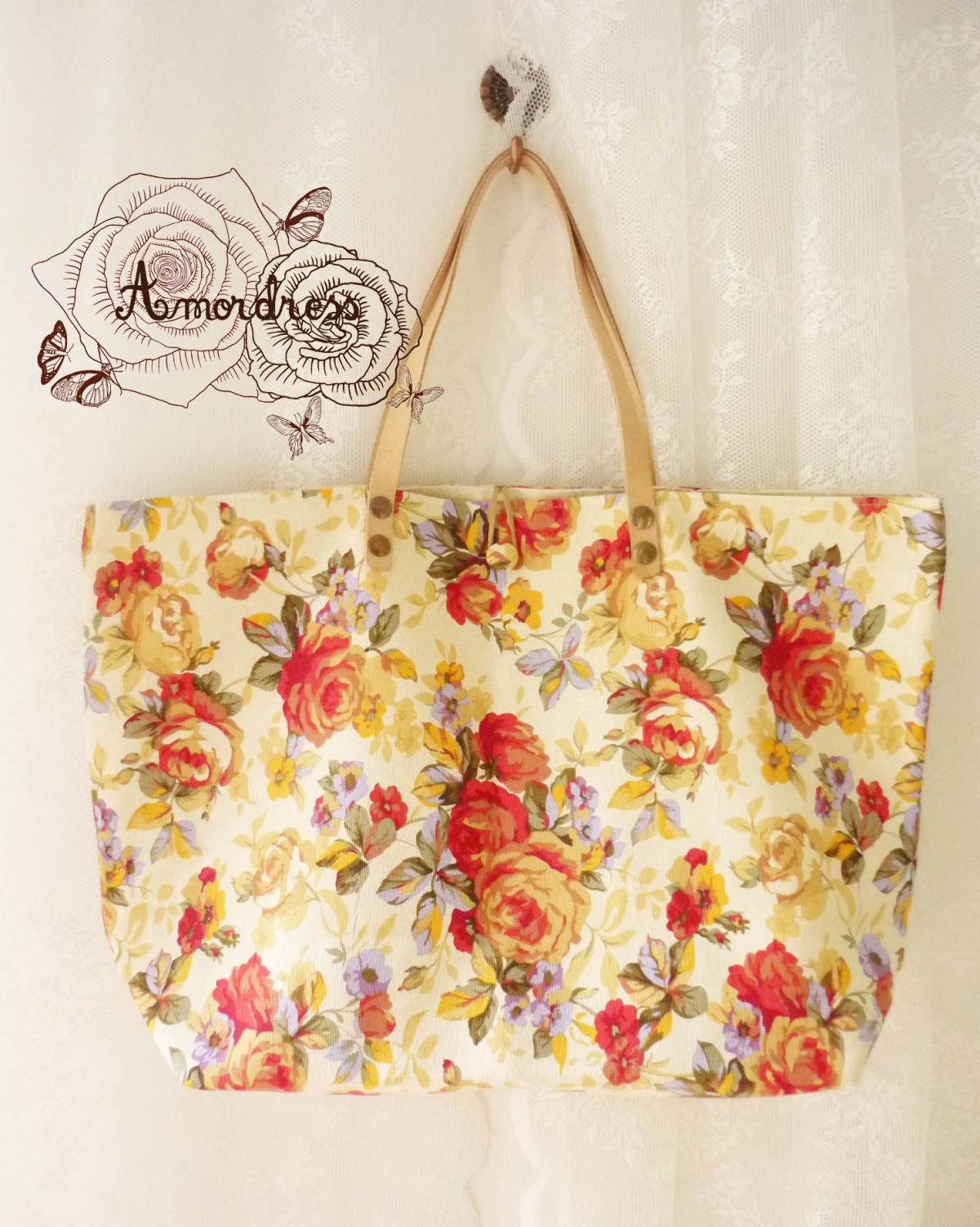 Floral Tote Bag Printed Canvas Bag Genuine Leather Strap Cream Tangerine Floral Garden Shabby Chic Bag ...Amor The Inspired Collection...