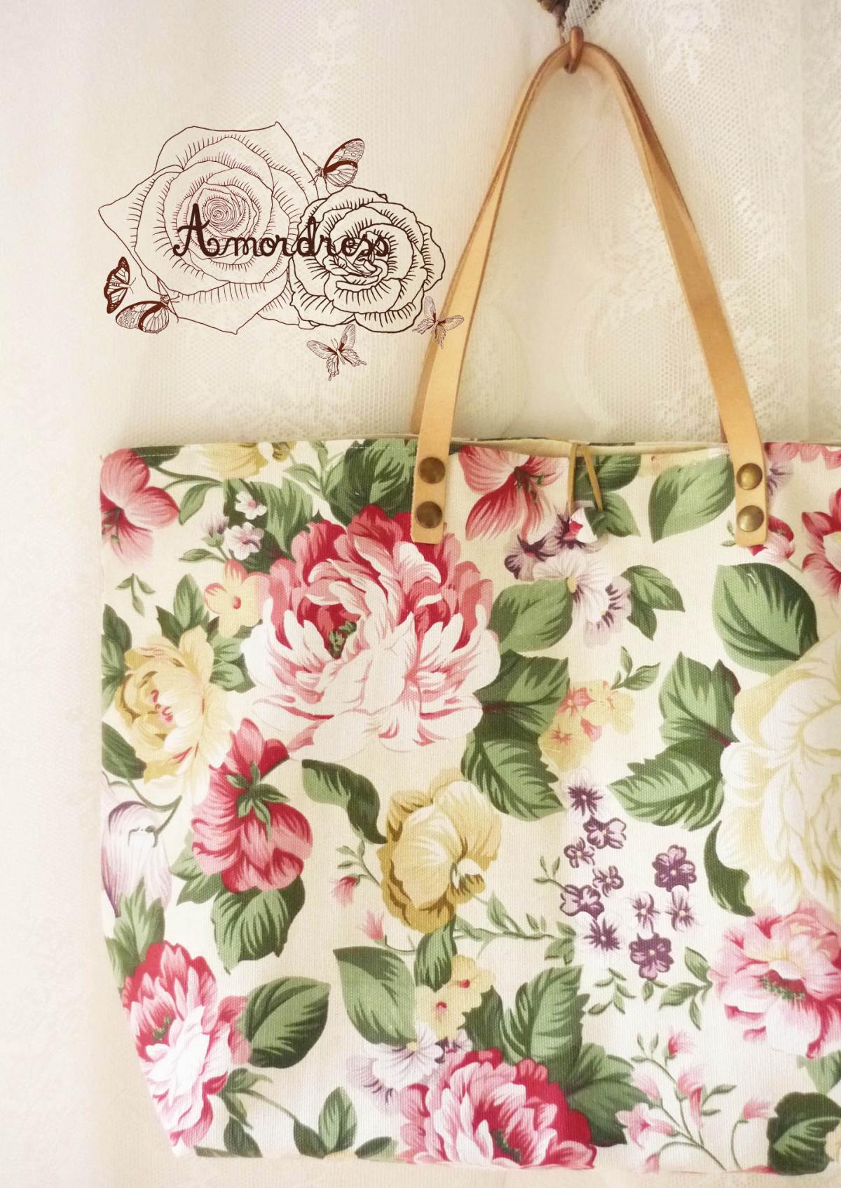 Floral Tote Bag Printed Canvas Bag Genuine Leather Strap White Cream with Floral Garden Shabby Chic Bag ...Amor The Inspired Collection...