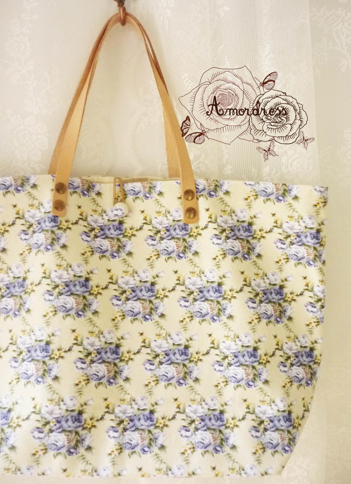 Floral Tote Bag Printed Canvas Bag Genuine Leather Strap Cream With Lavender Floral Shabby Chic Bag ...amor The Inspired Collection...