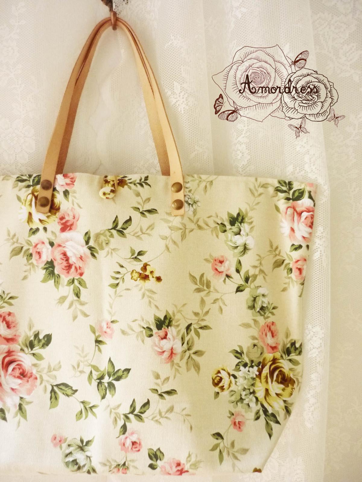 Floral Tote Bag Printed Canvas Bag Genuine Leather Strap Light Khaki with Pink Rose Shabby Chic Bag ...Amor The Inspired Collection...