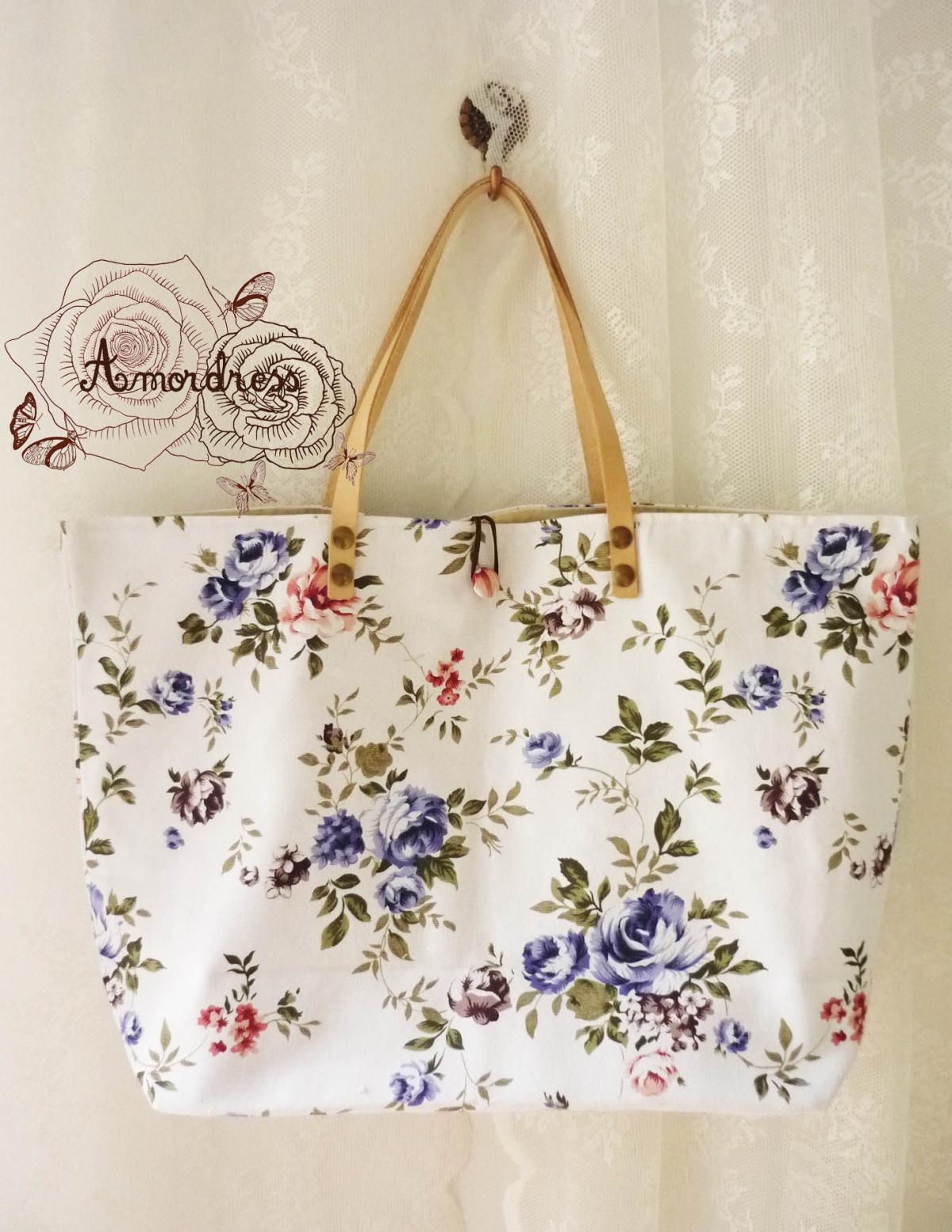 Floral Tote Bag Printed Canvas Bag Genuine Leather Strap White Blue Rose Floral Garden Shabby Chic Bag ...amor The Inspired Collection...